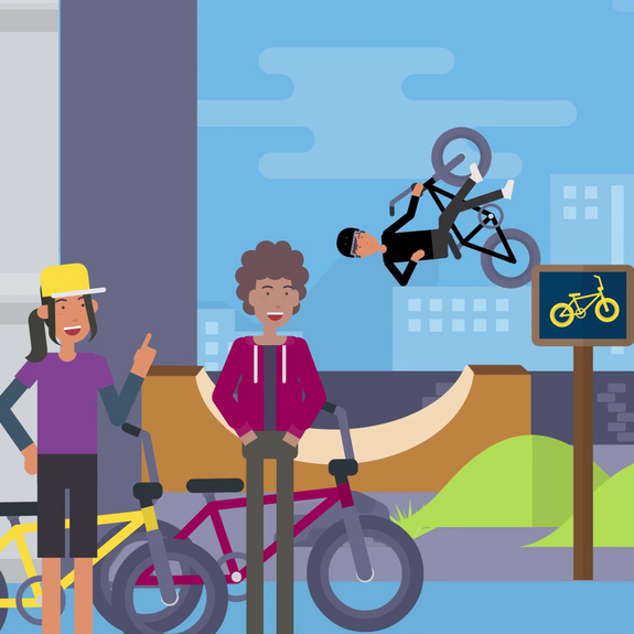 Zwei Jugendliche mit Fahrrädern sehen einem dritten Jugendlichen zu, der auf einer Halfpipe einen Salto mit einem Fahrrad macht.