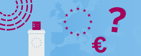 Das Symbol für das Europäische Parlament, eine Wahlurne, eine Karte von Europa mit einem Kreis aus zwölf Sternen, ein Euro-Symbol, ein Fragezeichen  - Link auf: EU-Quiz