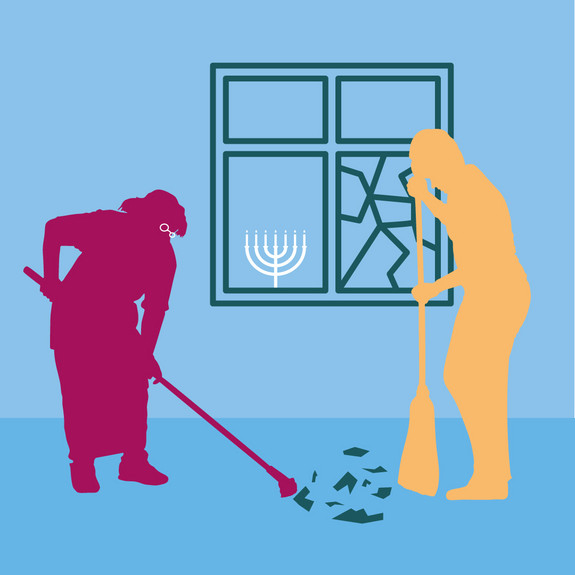 Grafik einer Frau, die einer anderen hilft, die Scherben eines zerstörten Fensters aufzuräumen