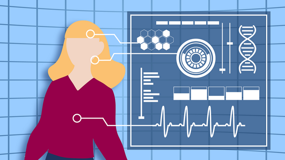 Grafik: Eine Frau, neben der sich eine Tafel mit ihren medizinischen Daten befindet.