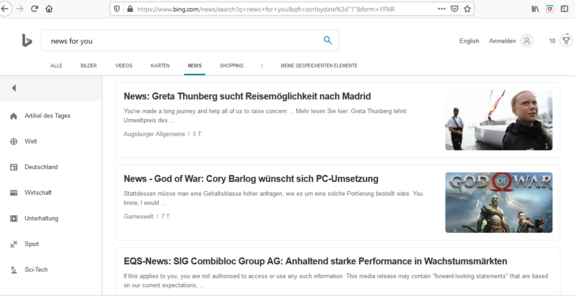 Screenshot zeigt Übersichtsseite von Bing News