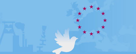Ein Förderturm und ein Stahlwerk, eine Friedenstaube, eine Karte von Europa mit einem Kreis aus zwölf Sternen  - Link auf: EU-Info