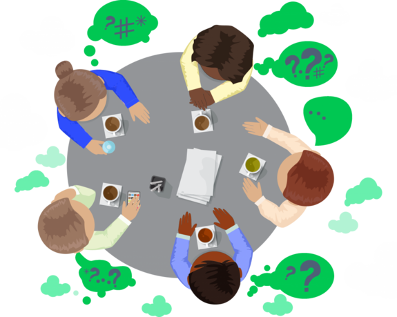 Grafik mit fünf Menschen an einem Tisch als Draufsicht von oben