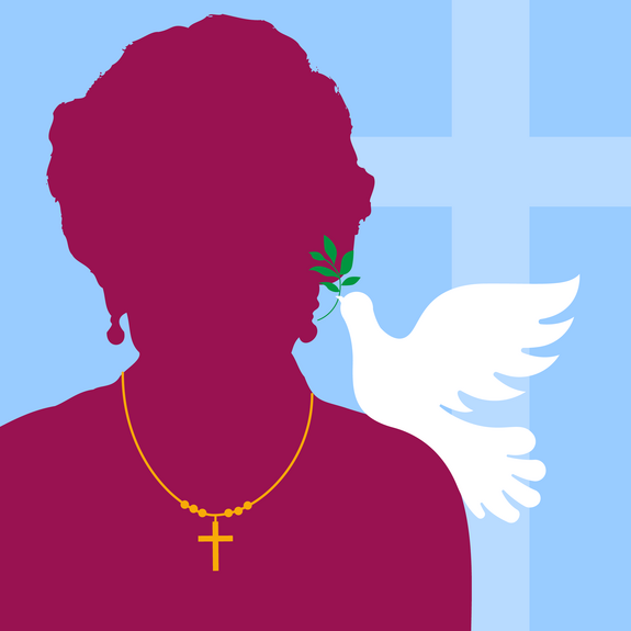 Grafik einer Frau, die eine Kette mit Kreuz trägt; daneben ein Kreuz und eine Friedenstaube