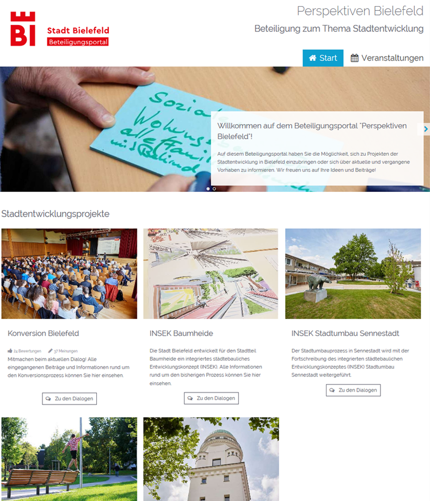 Screenshot der Projektseite "Perspektiven Bielefeld"