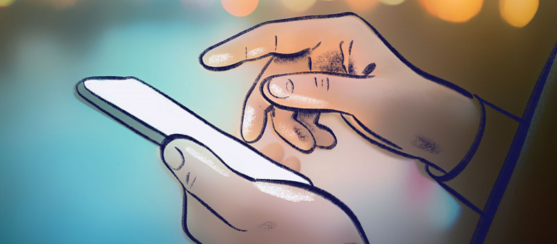 Illustration mit zwei Händen, die ein Smartphone bedienen
