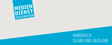 Logo des Mediendienstes Integration sowie der Titel "Handbuch Islam und Muslime"