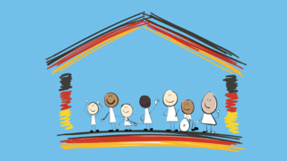 Logo des Bildungsprogramms: Ein Hausumriss in Farbe der deutschen Flagge mit Kindern darin
