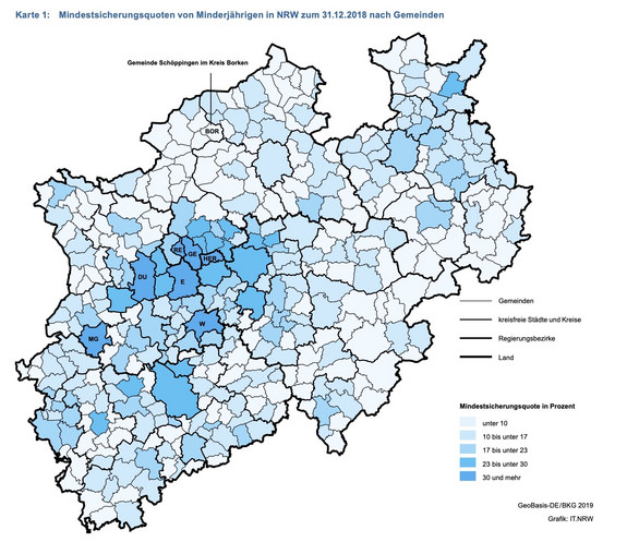 Karte zeigt Anteil der Minderjährigen, die von Mindestsicherung leben, in den Gemeinden in NRW