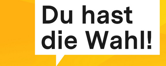Logo des Wah-o-mates: Die Schrift Du hast die Wahl! auf dem gelben Hintergrund