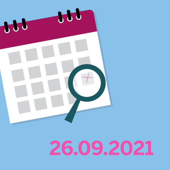 Grafik: Terminkalender mit einer Lupe drauf, daruter das Datum: 26.09.2021