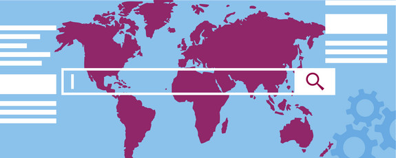 Grafik Newsroom mit Weltkarte und Suchleiste