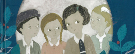 Ein Ausschnitt aus dem Cover des Buches Die Verknöpften, dass die vier Freundinnen zeigt  - Link auf: Die Verknöpften
