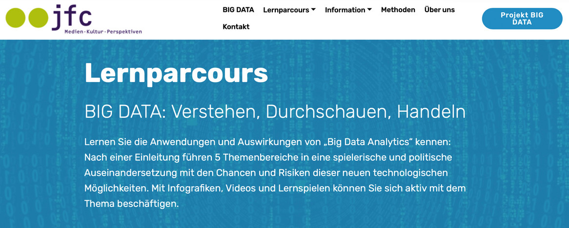 Screenshot der Internetseite Lernparcours Big Data, bigdata.jfc.info/lernparcours.html