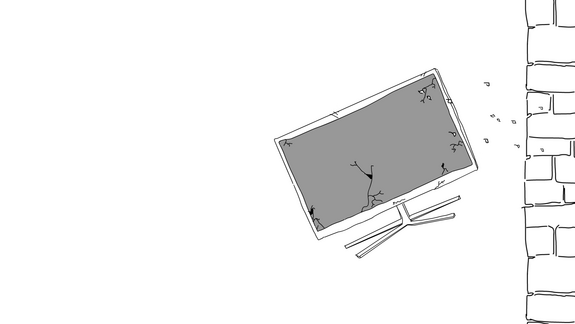 Zeichnung eines Fernsehers, der aus dem Fenster fliegt