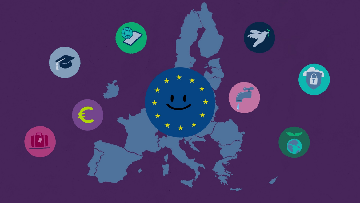 Das Bild zeigt einen Ausschnitt aus einem Animationsfilm. Vor einer Karte des EU-Gebiets lacht ein Smiley mit einem blauen Hintergrund und einem Sternenkreis. Es soll die EU-Flagge symbolisieren. Verschiedene Symbole stehen für unterschiedliche Politikbereiche. Etwa Finanzen, Recht oder Bildung.