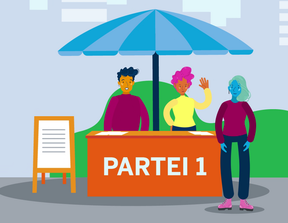 Grafik: Zwei Personen stehen hinter einer Theke mit der Aufschrift "Partei 1". Vor dem Stand steht eine einzelne Person
