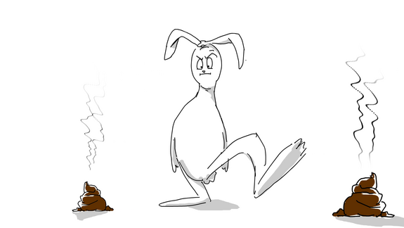 Zeichnung eines Hasen, der einem Hundehaufen ausweicht, aber gleich in einen zweiten Hundehaufen tritt
