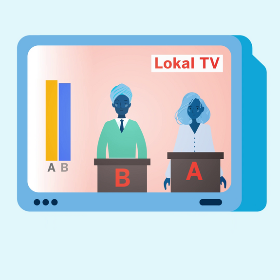 Grafik eines Fernseher, auf dem ein Kandidat B und eine Kandidatin A zu sehen ist. Neben den beiden ist ein Säulendiagramm mit den beiden Säulen B und A. Die Säule A ist minimal höher.