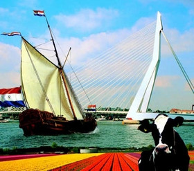 Zeichnung Segelboot, Kuh, Tulpenfeld und Flagge der Niederlande.