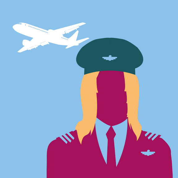Grafik einer Frau in Pilotenuniform, daneben ein Flugzeug