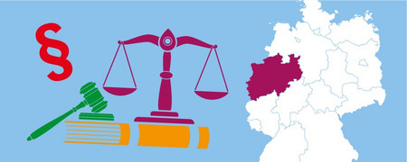 Illustration: Symbole für Recht, darunter eine Waage, sowie eine Deutschlandkarte mit dem hervorgehobenen Bundesland NRW  - Link auf: Die Spielregeln – oder: Wer darf was?