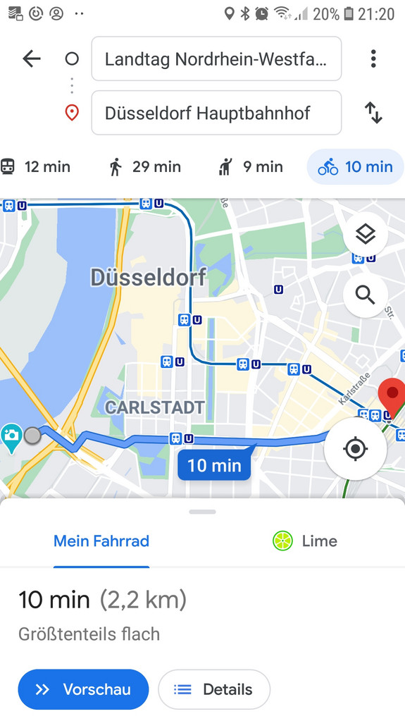 Screenshot: Stadtkarte mit eingezeichneter Route