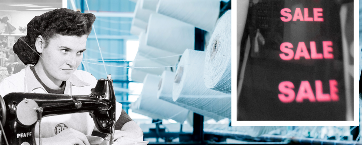 Links: Frauen an Nähmaschinen in einer Halle, rechts: Eine moderne automatische Nähmaschine mit der Schrift "Sale" darauf