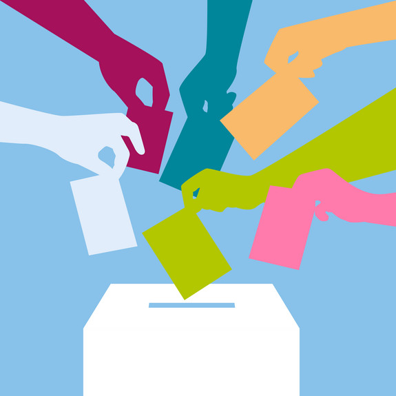Grafik: Wahlurne mit bunten Händen mit Wahlzetteln darüber