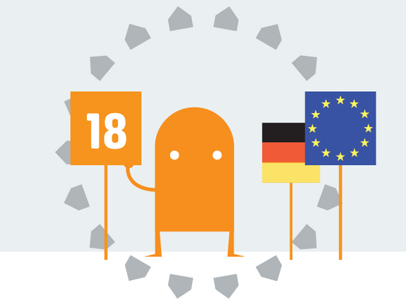 Grafik mit Figur und Schild mit 18 und Deutschland- sowie EU-Fahne