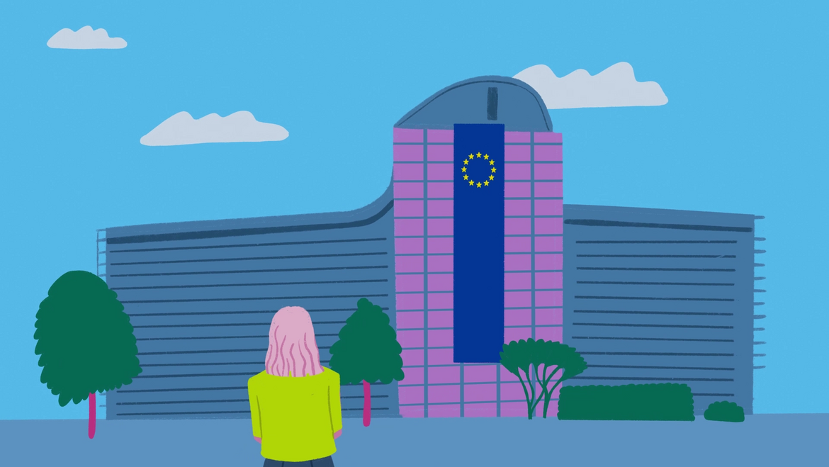 Das Bild zeigt einen Ausschnitt aus einem Animationsfilm. Eine gelbe Figur steht vor dem runden Gebäude des EU-Parlaments in Straßburg.