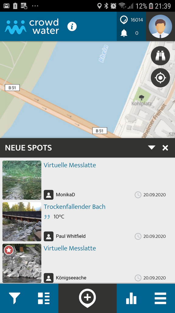 Screenshot: Stadtkarte und Listenansicht verschiedener Gewässerbereiche