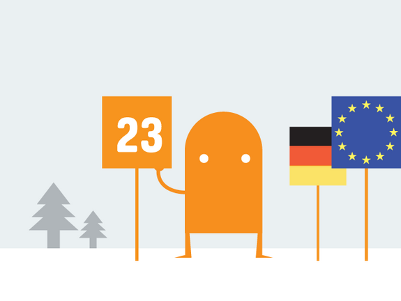 Grafik Figur mit Schild 23 und Deutschland- und EU-Fahne