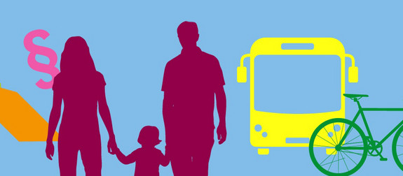 Grafik: ein Paragraphen-Zeichen, eine Familie, ein Bus, ein Fahrrad