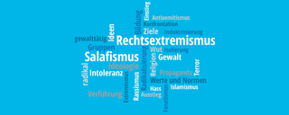 grafische Anordnung von verschiedenen Begriffen zum Thema Rechtsextremismus und Islamismus  - Link auf: Einstiegsprozesse in den Rechtsextremismus und Islamismus