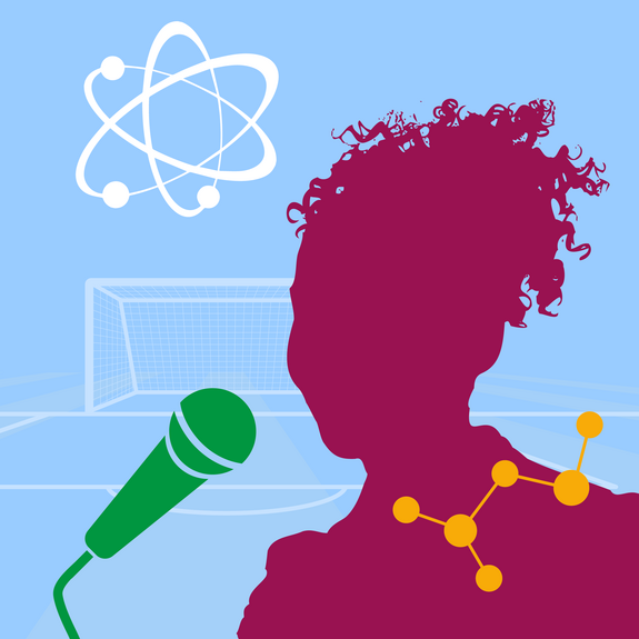 Grafik einer Frau vor einem Fußballfeld, daneben ein Mikrofon und ein Symbole für Atome und Moleküle