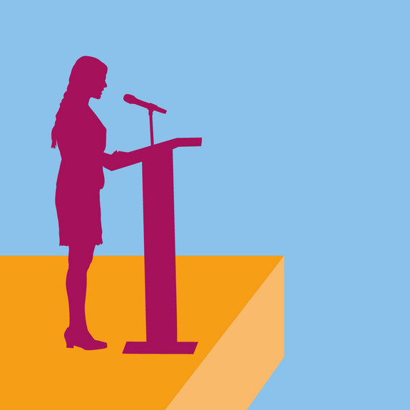 Grafik einer Frau, an einem Rednerpult