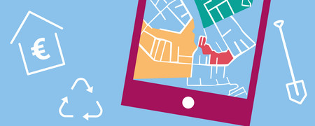 Grafik eines Smartphones mit einer Stadtkarte, eines Haus mit Euro-Zeichen, einem Recycle-Symbol, einer Schaufel  - Link auf: Machen