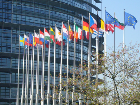 Das Bild zeigt verschiedene Flaggen von Staaten der Europäischen Union sowie Fahnen der Europäischen Unionen vor einem Gebäude.