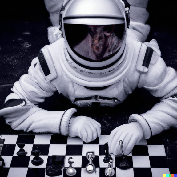 Ein Foto von einem Astronaut, der eine Partie Schach spielt.