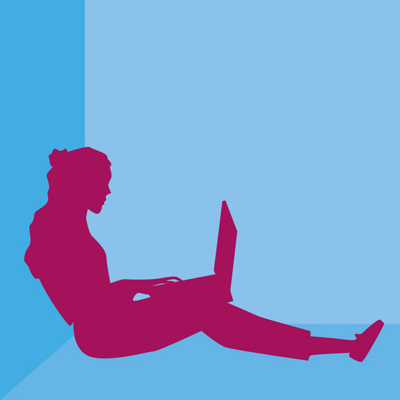Grafik mit Person, die auf dem Boden sitzt und sich mittels eines Laptops online beteiligt.