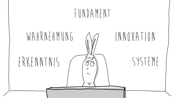 Zeichnung eines Hasens im Sessel umgeben von den Begriffen Erkenntnis, Wahrnehmung, Fundament, Innovation, Systeme