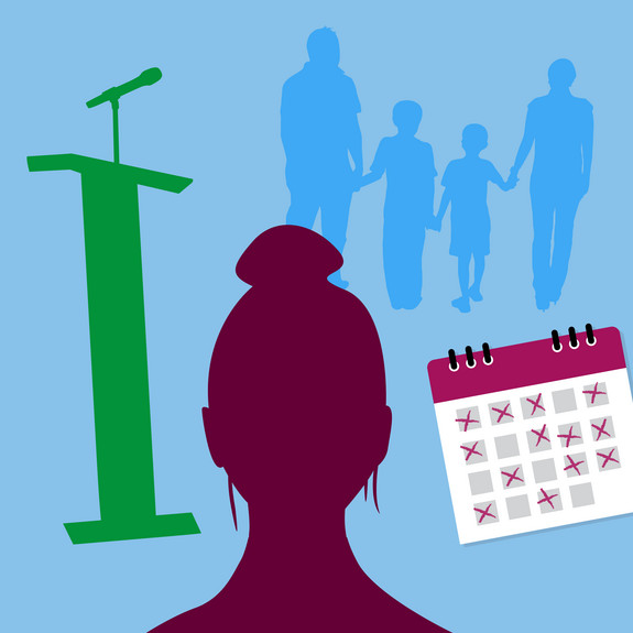 Grafik eines Frauenkopfes, um den ein Redepult, eine Famile und ein Terminkalender schwirren