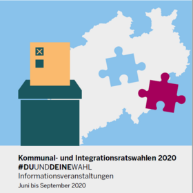 Grafik zu #DUUNDDEINEWAHL mit NRW-Karte auf der ein Puzzlestück fehlt und Wahlurne