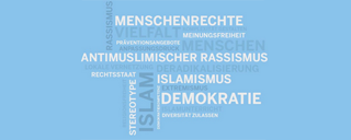 grafische Anordnung von verschiedenen Begriffen zum Thema Islam und Islamismus  - Link auf: Islam von Islamismus unterscheiden – antimuslimischem Rassismus begegnen!
