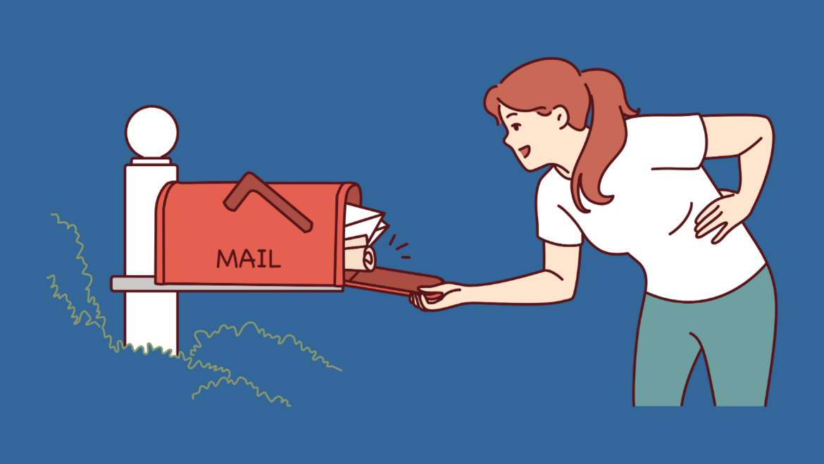 Das Bild zeigt eine weibliche Trickfilmfigur, die sich zu einem Briefkasten beugt, um Post aus diesem zu holen.