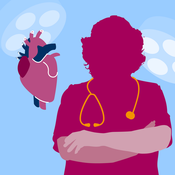 Grafik einer Ärztin; daneben OP-Lampen und ein Herz