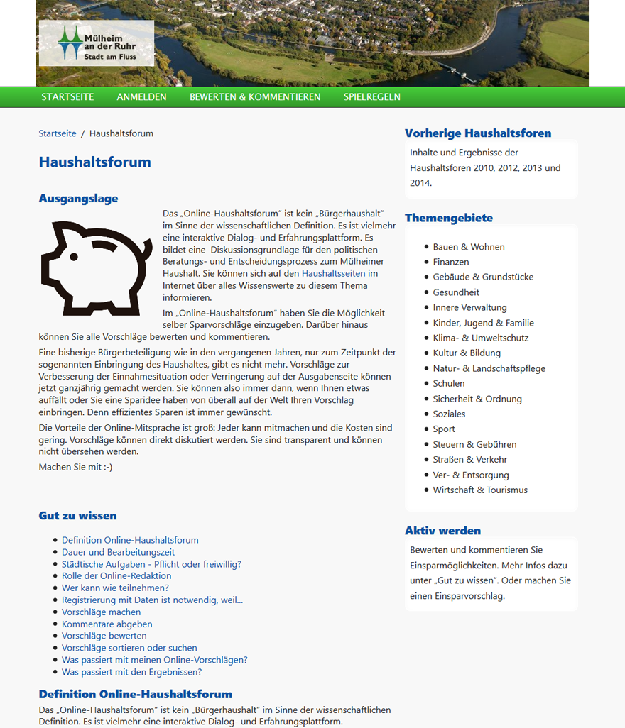 Screenshot der Projektseite "Haushaltsforum Mülheim an der Ruhr"