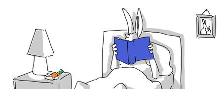 Zeichnung eines Hasen, der im Bett sitzt und ein Buch liest