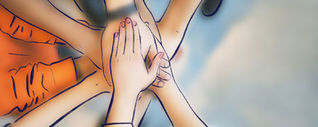 Hände, die sich übereinander legen und Zusammenhalt symbolisieren  - Link auf: Gegen gewaltbereiten Salafismus